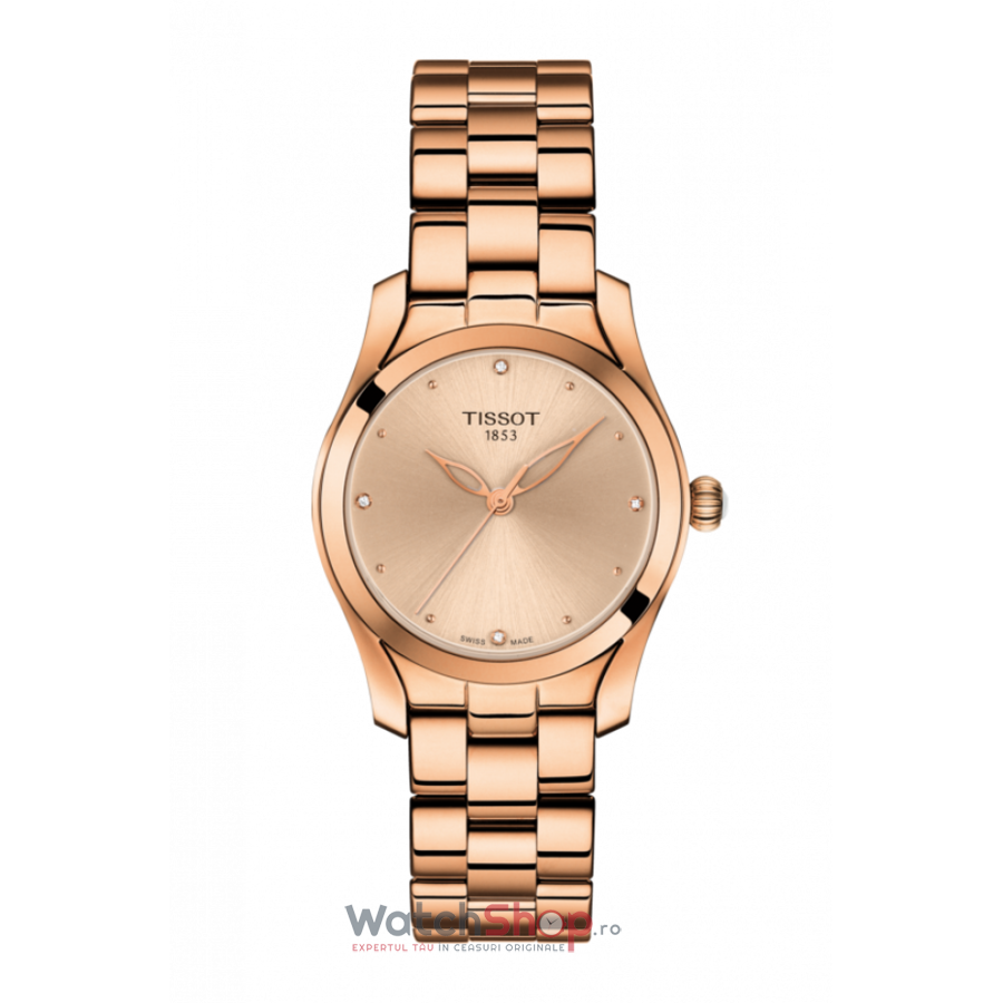 Ceas Dama Fashion Tissot T-Lady T112.210.33.456.00 T-Wave Quartz Aur roz Rotund cu Comanda Online